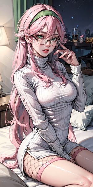 (masterpiece:1.2, best quality), (Highres), 4K, 8K, Detailed Illustration, Ultra-Detailed,  sexy mature, look at viewer, (((pink_hair, long hair, ))), ((green eye)), cute face,  ((( medium breast))), polished bold lip color, minimalistic jewelry, in the bedroom laying on the bed, ((at night)) (wearing: glasses, cat headband, (Cashmere_turtleneck:1.4)), High detailed ,fishnet dress