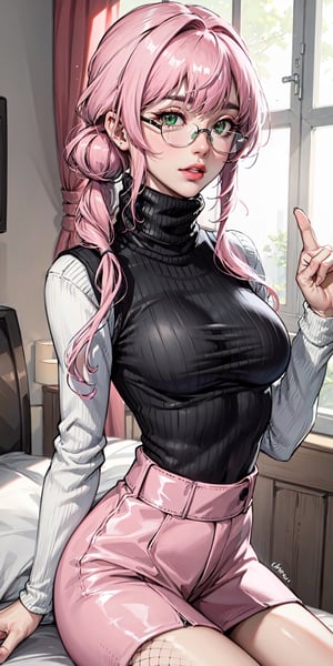 (masterpiece:1.2, best quality), (Highres), 4K, 8K, Detailed Illustration, Ultra-Detailed,  sexy mature, look at viewer, (((pink_hair,(Random_hairstyle:1.3) ))), ((green eye)), cute face,  ((( medium breast))), polished bold lip color, minimalistic jewelry, in the office, ((in the morning)) (wearing: glasses, (Cashmere_turtleneck:1.4)), High detailed ,fishnet dress