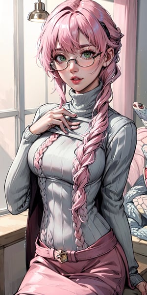 (masterpiece:1.2, best quality), (Highres), 4K, 8K, Detailed Illustration, Ultra-Detailed,  sexy mature, look at viewer, (((pink_hair,(Random_hairstyle:1.3) ))), ((green eye)), cute face,  ((( medium breast))), polished bold lip color, minimalistic jewelry, in the office, ((in the morning)) (wearing: glasses, (Cashmere_turtleneck:1.5), fluffy skirt), High detailed ,fishnet dress