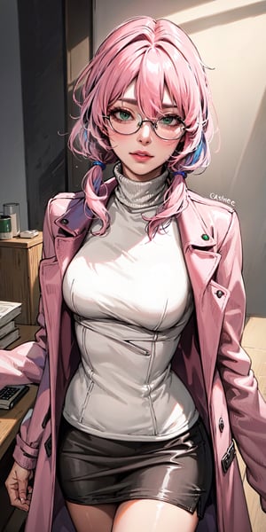 (masterpiece:1.2, best quality), (Highres), 4K, 8K, Detailed Illustration, Ultra-Detailed,  sexy mature, look at viewer, (((pink_hair,(Random_hairstyle:1.3) ))), ((green eye)), cute face,  ((( medium breast))), polished bold lip color, minimalistic jewelry, in the office, ((in the morning)) (wearing: glasses, (long coat), (Cashmere_turtleneck:1.5), office skirt), High detailed ,fishnet dress