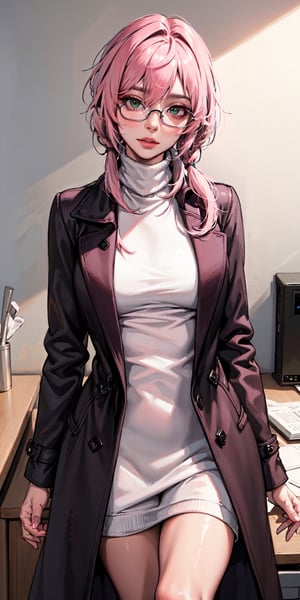 (masterpiece:1.2, best quality), (Highres), 4K, 8K, Detailed Illustration, Ultra-Detailed,  sexy mature, look at viewer, (((pink_hair,(Random_hairstyle:1.3) ))), ((green eye)), cute face,  ((( medium breast))), polished bold lip color, minimalistic jewelry, in the office, ((in the morning)) (wearing: glasses, (long coat), (Cashmere_turtleneck:1.5), office skirt), High detailed ,fishnet dress