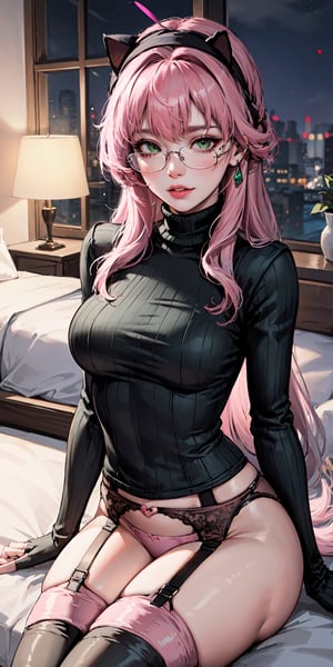 (masterpiece:1.2, best quality), (Highres), 4K, 8K, Detailed Illustration, Ultra-Detailed,  sexy mature, look at viewer, (((pink_hair, long hair, ))), ((green eye)), cute face,  ((( medium breast))), polished bold lip color, minimalistic jewelry, in the bedroom laying on the bed, ((at night)) (wearing: glasses, cat headband, garter_belt, stocking, (Cashmere_turtleneck:1.4)), High detailed ,fishnet dress