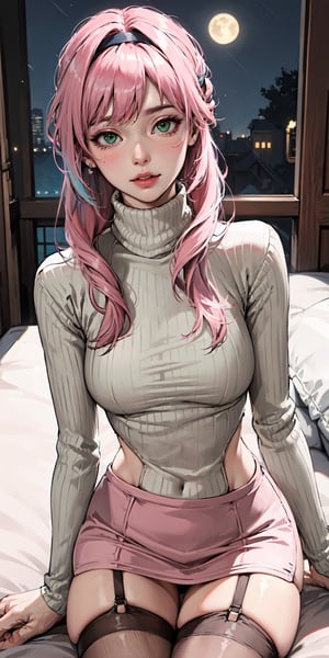 (masterpiece:1.2, best quality), (Highres), 4K, 8K, Detailed Illustration, Ultra-Detailed,  sexy mature, look at viewer, (((pink_hair, long hair, ))), ((green eye)), cute face,  ((( medium breast))), polished bold lip color, minimalistic jewelry, in the bedroom laying on the bed, ((at night)) (wearing: cat headband, garter_belt, stocking, (Cashmere_turtleneck:1.4)), High detailed ,fishnet dress