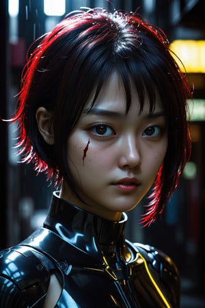 HONG KONG Girl ((September Ai)) ,  short messy hair, 

(best quality, cinematic, detailed), (immerse in the unsettling atmosphere of a neo-noir environmental portrait:1.3), (experience a nightmarish android:1.3) that captivates and unsettles the viewer simultaneously. Witness the meticulous craftsmanship as the android, with its sleek obsidian and blood-red accents, emanates an enchanting aura. The eyes, devoid of warmth, cut through the darkness, and its artificial skin, cracked and weathered, tells tales of time and witnessed horrors. The entire scene is a masterpiece, captured with meticulous precision, every shadow and reflection adding depth and richness to this haunting image.

