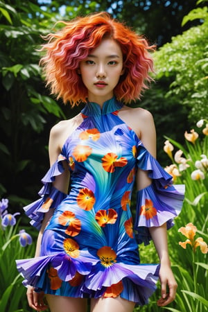 HONG KONG Girl ((September Ai)) ,  short messy hair, 

(best quality, 4k, 8k, highres, masterpiece), ultra-detailed, (realistic, photorealistic, photo-realistic), outdoor photoshoot, summer fashion, stunning model with vibrant multicolored hair, wearing a bright, floral-patterned Iris van Herpen dress, dynamic runway setting, lush garden background, vivid, lively, sunlit, high-fashion editorial, magazine photoshoot, energetic fashion poses, kaleidoscope of colors
