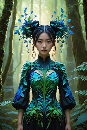 HONG KONG Girl ((September Ai)) ,  short messy hair, 

(best quality, 8K, highres, masterpiece), ultra-detailed, fantasy creature with long, flowing black hair fashioned into intricate space buns. In this enchanting scene, she takes on the persona of a mystical forest guardian, surrounded by a breathtaking tapestry of vibrant, iridescent flora and fauna. Her presence radiates an otherworldly aura, and millions of microscopic, shimmering, and multi-colored magical threads emanate from her form, creating a dazzling and vibrant spectacle. The composition showcases her stunningly beautiful silhouette, intricately adorned with luminous plant-like patterns and ethereal creatures, resulting in a vivid and enchanting color palette that transports viewers to a realm of fantastical wonders.
