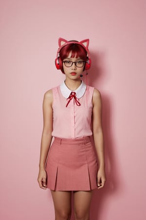 A full body portrait,  hyperdetailed indonesian photography,  by Elizabeth Polunin,  pink colour short hair young indonesian schoolgirl, eye-covering bangs, smokey-eyes, olya bossak, brooklyn, looking straight to camera,  nepal,  very accurate photo,  suspiria, KITTY Headphone, red tie, wear round glasses