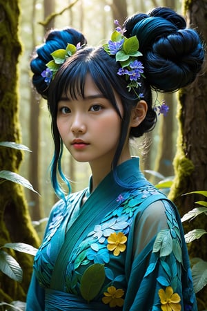 HONG KONG Girl ((September Ai)) ,  short messy hair, 

(best quality, 8K, highres, masterpiece), ultra-detailed, fantasy creature with long, flowing black hair fashioned into intricate space buns. In this enchanting scene, she takes on the persona of a mystical forest guardian, surrounded by a breathtaking tapestry of vibrant, iridescent flora and fauna. Her presence radiates an otherworldly aura, and millions of microscopic, shimmering, and multi-colored magical threads emanate from her form, creating a dazzling and vibrant spectacle. The composition showcases her stunningly beautiful silhouette, intricately adorned with luminous plant-like patterns and ethereal creatures, resulting in a vivid and enchanting color palette that transports viewers to a realm of fantastical wonders.
