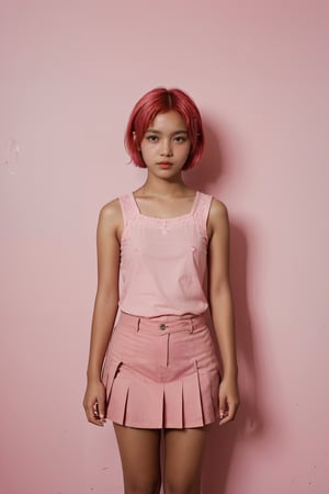 A full body portrait,  hyperdetailed indonesian photography,  by Elizabeth Polunin,  pink colour short hair young indonesian schoolgirl,  brooklyn,  looking straight to camera,  sweaty,  olya bossak,  nepal,  very accurate photo,  suspiria