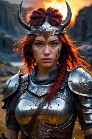 HONG KONG Girl ((September Ai)) ,  short messy hair, 

(viking:1.1,woman:1.1,tattoo on her face:1.1,fantasy,cinematic,portraits:1.2,dynamic:1.1,hyper realistic:1.2),medium:oil painting,ancient battlefield background,dramatic lighting,fiery sunset,warrior armor and weapons,fierce expression,flowing hair,expressive eyes,elaborate headpiece,ornate armor,weathered textures,thick brushstrokes,bold colors,high contrast,detailed skin texture,sculpted muscles,gritty atmosphere,moody atmosphere.
