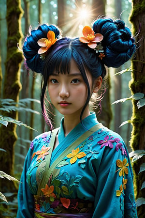 HONG KONG Girl ((September Ai)) ,  short messy hair, 

(best quality, 8K, highres, masterpiece), ultra-detailed, fantasy creature with long, flowing black hair fashioned into intricate space buns. In this enchanting scene, she takes on the persona of a mystical forest guardian, surrounded by a breathtaking tapestry of vibrant, iridescent flora and fauna. Her presence radiates an otherworldly aura, and millions of microscopic, shimmering, and multi-colored magical threads emanate from her form, creating a dazzling and vibrant spectacle. The composition showcases her stunningly beautiful silhouette, intricately adorned with luminous plant-like patterns and ethereal creatures, resulting in a vivid and enchanting color palette that transports viewers to a realm of fantastical wonders.
