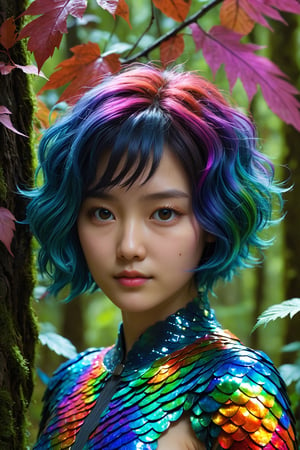 HONG KONG Girl ((September Ai)) ,  short messy hair, 

(best quality,8K,highres,masterpiece), ultra-detailed, (cinematic, vibrant colors), filmed by Guillermo del Toro, Within a deep and vividly colorful forest, an enigmatic being emerges—an exquisite amalgamation of flora and fauna. Picture vines with a riot of colors for hair, eyes gleaming like vibrant embers, and skin adorned with iridescent scales that create a mesmerizing display of hues.,Leonardo
