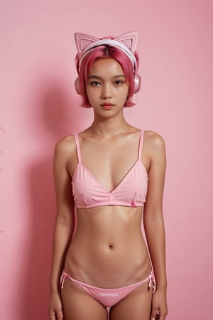 A full body portrait,  hyperdetailed indonesian photography,  by Elizabeth Polunin,  pink colour short hair young indonesian schoolgirl, brooklyn, looking straight to camera,  sweaty, olya bossak, nepal, very accurate photo,  suspiria, pink wall backgroung, wear pink Headband, pink swimwear, white tee with AI September logo on it, 