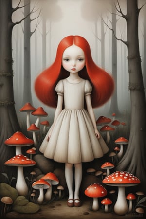Painting in art style of Nicoletta Ceccoli, Daria Petrilli and Anton Semenov, minimalist style. Painting of the beautiful girl surrounded by the mushrooms in the forest.