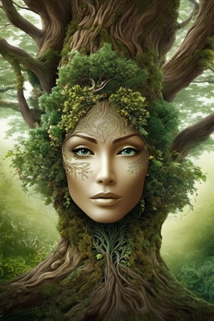 there is a tree that has been shaped like a woman's face, person made of tree, woman made of plants, portrait of a dryad, living tree, fantasy tree, hair made of trees, intricate digital painting, branches sprouting from her head, highly detailed digital art, treebeard, artistic illustration, humanoid flora, beautiful digital artwork, mother nature