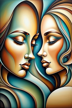 Abstract figurative painting of women and man whispering, neo cubism style Michael Lang, pastel color palette, glazed gradients, strong contour lines.