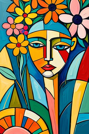close shot, || portrait of a base with flowers, with strokes of color that draws the image ||, Cubist artwork, artistic oil painting stick,Cubist artwork ,art_booster,colorful