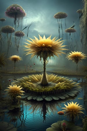 here is a very strange looking flower, furry pedals in the middle of a swamp, surreal and fantasy art, dark surreal art, surreal dark fantasy, surreal concept art, surrealistic digital artwork, 8k surrealism, ornate, inspired by Tomasz alen kopera, and Gabriel Pacheco