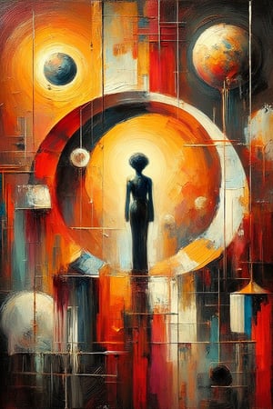 "In a surreal, impressionist style", This artwork features a minimalist human figure set within an abstract scene that symbolizes universal connections. The figure is rendered as a thin, linear silhouette, conveying the complexity and simplicity of modern life with minimal detail. Surrounded by geometric shapes and vibrant colors, the figure appears to seek harmony and balance within the larger universe. The composition is dynamic and bold, using warm hues like orange and red, balanced by thin, white and black lines. Layers of color overlap, creating diverse textures—from thick, oil paint strokes to glossy metallic surfaces and flat matte areas.