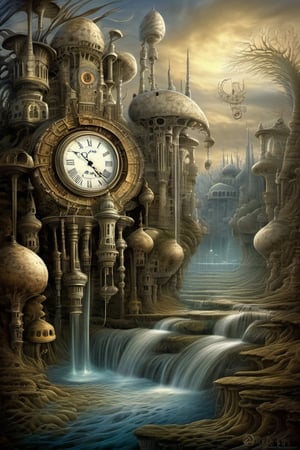 Time flows from a broken clock, drop by drop, surreal fantasy Daniel Merriam, H. R. Giger and Remedios Var artist style