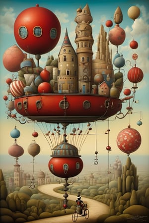 
Neo surrealism, whimsical art, painting, fantasy, magical realism, bizarre art, pop surrealism, inspired by Remedios Var, Jacek Yerka and Gabriel Pacheco. Create an a Harlequin rides a unicycle on a wire that is placed between two towers and juggles red balls.