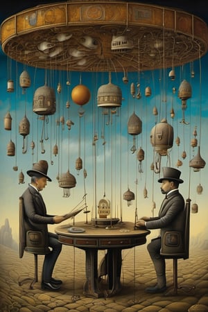 Neo surrealism, whimsical art, painting, fantasy, magical realism, bizarre art, pop surrealism, inspired by Remedios Var, Jacek Yerka and Gabriel Pacheco. Create an  thought-provoking conceptual painting featuring  hands manipulating the strings of human marionettes. The human marionettes are suspended in the air, their faces obscured, representing the vulnerability and control of humanity by technology. The background is dark and moody, with a sense of mystery.