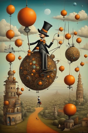 
Neo surrealism, whimsical art, painting, fantasy, magical realism, bizarre art, pop surrealism, inspired by Remedios Var, Jacek Yerka and Gabriel Pacheco. Create an a  man with a top hat riding a unicycle on a wire that is placed between two towers and juggling smaller orange balls