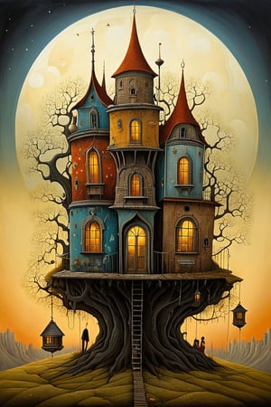 Neo surrealism, whimsical art, painting, fantasy, magical realism, bizarre art, pop surrealism, inspired by Remedios Var, Jacek Yerka and Gabriel Pacheco. Create an illustration of a House of Wonders
