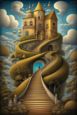 Neo surrealism, whimsical art, painting, fantasy, magical realism, bizarre art, pop surrealism, inspired by Remedios Var, Jacek Yerka and Gabriel Pacheco. Create an illustration of a Stairway To Heaven song, There's a lady who's sure all that glitters is gold, And she's buying a stairway to Heaven...