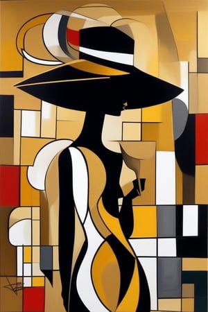 Captivating woman silhouette wearing a dress and a hat, highly detailed, highest quality, abstract cubism acrylic painting, Picasso style, gold black white, painting, vibrant, conceptual artv0.1, painting