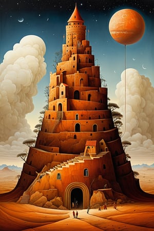 Neo surrealism, whimsical art, painting, fantasy, magical realism, bizarre art, pop surrealism, inspired by Remedios Var, Jacek Yerka and Gabriel Pacheco. Create an illustration of a Tower of Babel on the Mars