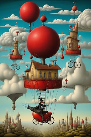 
Neo surrealism, whimsical art, painting, fantasy, magical realism, bizarre art, pop surrealism, inspired by Remedios Var, Jacek Yerka and Gabriel Pacheco. Create an a Harlequin rides a unicycle on a wire that is placed between two towers and juggles red balls.
