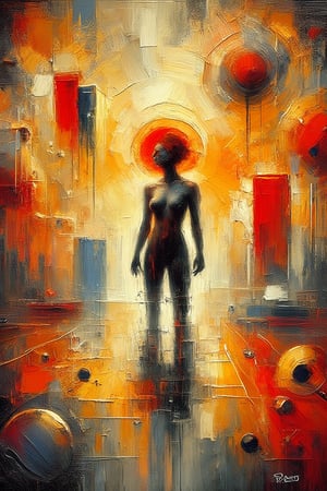 "In a surreal, impressionist style", This artwork features a minimalist human figure set within an abstract scene that symbolizes universal connections. The figure is rendered as a thin, linear silhouette, conveying the complexity and simplicity of modern life with minimal detail. Surrounded by geometric shapes and vibrant colors, the figure appears to seek harmony and balance within the larger universe. The composition is dynamic and bold, using warm hues like orange and red, balanced by thin, white and black lines. Layers of color overlap, creating diverse textures—from thick, oil paint strokes to glossy metallic surfaces and flat matte areas.