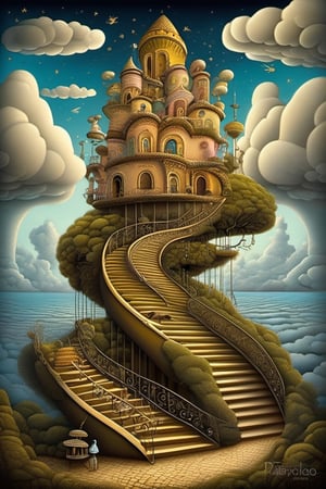 Neo surrealism, whimsical art, painting, fantasy, magical realism, bizarre art, pop surrealism, inspired by Remedios Var, Jacek Yerka and Gabriel Pacheco. Create an illustration of a Stairway To Heaven song, There's a lady who's sure all that glitters is gold, And she's buying a stairway to Heaven...