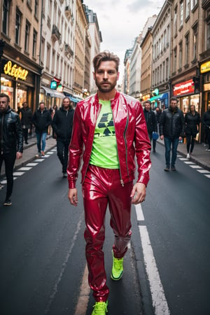 Photograph of a swedish Guy walking a busy european street, Fashion Photoshooting, Looks direct in the camera. Extrovert neon high gloss suit with background busy people , cinematic, Hard Light Copy
,flash