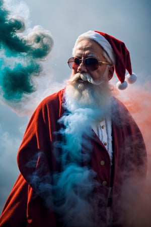 ((Norwegian model Santa Claus with Sunglasses, holding aRetor Camera, :bright colourful Editorial Photography, Lots of vivid Colorfull smoke particles and vivid Color splashes in the background and flowing around him with soft light and a mess of fine particles, Editorial Photoshooting)) As an alluring figure of men moved gracefully forward, a torrent of vividly colored smokeparticels swirled around their captivating form, cloaking them in an enigmatic shroud of dense mist around the person,photorealistic