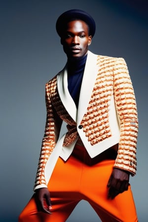 a model dressed in an avant garde haute couture blazer, Ibrahim Kamara. structural, vogue editorial photo, sharp focus dynamic light