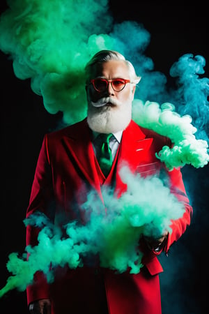 ((Santa Claus:bright Editorial Photography, lot of Colorfull smoke around him with hard flash light and fine particles, High Fashion Photoshooting)) As an alluring figure of men moved gracefully forward, a torrent of vividly colored smoke swirled around their captivating form, cloaking them in an enigmatic shroud of dense mist