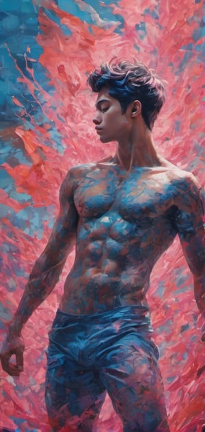 creative illustration pink blue of silhouette of a athelitic male body ,Dancer fine art filigree, photorealisitc, Oil splash!! Oil stained!!", intricate hyperdetailed by Android Jones: By Ismail Inceoglu and Jean Baptiste mongue: James Jean: Erin Hanson: Dan Mumford: professional photography, natural lighting, volumetric lighting maximalist photoillustration 8k resolution concept art intricately detailed, complex, elegant, expansive, fantastical 