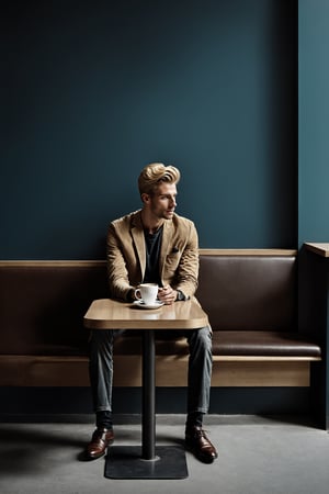 A blond men waiting for a coffee in a empty coffeeshop. in style of Gabriel Pacheco