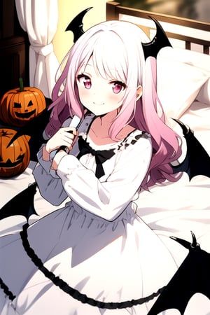 (halloween:0.7) ,caslte, bed, silver_hair, pink_hair, smile, wavy hair, vampire
