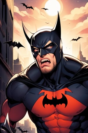 DC Comics Batman, Strong Batman, five o'clock shadow beard on his face, angry look, snarled lip, teeth, cyborg style parts attached to face and body, bat signal in the night sky