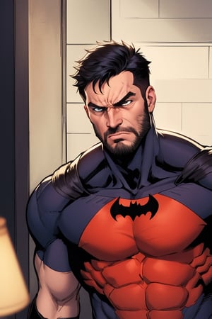 DC Comics Batman, Strong Batman, five o'clock shadow beard on his face, angry look, snarled lip