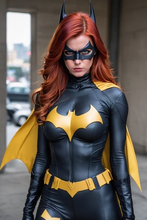 Batgirl outfit, strong Batgirl, angry Batgirl, supermodel, red hair, very tight costume, torn costume
