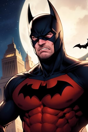 DC Comics Batman, Strong Batman, five o'clock shadow beard on his face, angry look, snarled lip, teeth, cyborg style parts attached to face and body, bat signal in the night sky