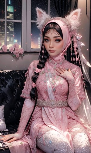 soft lighting, 1girl, alone, sitting, (starry sky, night, city),(Res dress:1.2), fox ears, (subsurface scattering), long hair, black sofa, elbow gloves, window, shelf, white bows, pink ribbons, pink ribbons,HSR,1 girl,R1gBy,hijab wedding