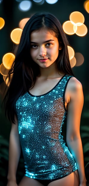 RAW photo (high-definition image: 1.2), high-quality, photorealistic, Fujifilm XT 3 telephoto lens,portrait Russian 18-year-old Slavic straight black hair teenage girl, beautiful face, looking at the camera,mischievous eyes, a slight smile,mini tight dress,  dressed in a slim, short purple top.In the distance, there is a lightening. It stands in the bioluminescent forest at night. BREAK. (((Ultra-HD-details))) (((lost-in-thoughts-and-places, in-the-middle-of-nowhere, bioluminescent-glow-of-life-surroundings))) 1girl,background