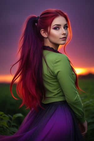 Ultra Long Exposure Photography))  Slavian girl with long crazy double ponytail hair, beautiful Slavic oval face,multicolored hair(coloring in the style of Goth:0.1),fiery red wavy hair fluttering in the wind,hair flutters in the wind, the setting red sun highlights the hair from the inside,(((ombre,(purple),(black))colorful)hair color),(Transperent dress)(Transperent Parts)Looking at the camera, (a slight smile),He goes towards the camera,She is the goddess of horticulture. She’s covered in millions of microscopic ultra bright green neon strings emanating from her body. beautiful backlit silhouette, high detailed, covered in neon vines and leaves. Green color palette.,,<lora:659095807385103906:1.0>