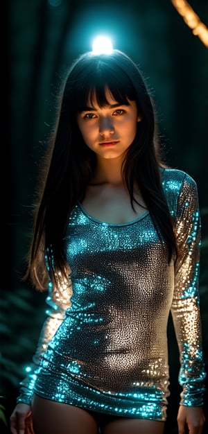 RAW photo (high-definition image: 1.2), high-quality, photorealistic, Fujifilm XT 3 telephoto lens,portrait Russian 18-year-old Slavic straight black hair teenage girl, beautiful face, looking at the camera,mischievous eyes, a slight smile,mini tight dress,  dressed in a slim, short purple top.In the distance, there is a lightening. It stands in the bioluminescent forest at night. BREAK. (((Ultra-HD-details))) (((lost-in-thoughts-and-places, in-the-middle-of-nowhere, bioluminescent-glow-of-life-surroundings))) 1girl,background