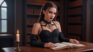 RAW photo (high-detail image: 1.2), 8K hd, high quality, film grain, photorealistic, Fujifilm XT 3,Koni Demiko18 yo Gothic-style model  dressed in a revealing schoolgirl costume.looks at the camera, a slight mysterious smile, The neckline, decorated with intricate lace and gold details, gives the image a seductive and rebellious look. Dark hair, braided in a braid, flows down, framing a beautiful, mesmerizing face. Bold make-up with an ombre effect on the lips adds to her charm, moving from a deep, rich red in the center to a glossy black at the edges, artfully outlined and filled to create a spectacular but subtle gradient. Glossy gloss gives the image a touch of glamour and volume, and rich red and black shades give the image a dramatic, vampire atmosphere. A tattoo in the form of skulls adorns her arms.A table with open books on witchcraft, the paraphernalia of a black magus, black candles, and pentagrams glowing with green fire, create an atmosphere of mystical wonder,in the background there is an old steampunk library, a lit fireplace, burning candles,<lora:659095807385103906:1.0>